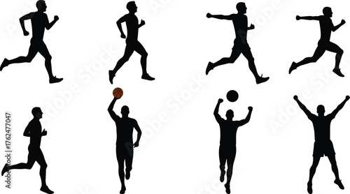 Athletic silhouettes of people running, jumping, basketball, soccer, celebrating victory, fitness training, sports movement, cad drawing flat vector illustration