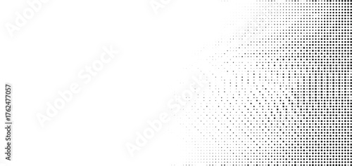 Right edge halftone bloom expanding from dense microdots to pure white, dramatic gradient geometry with dynamic depth, excellent for headlines and product showcases, modern contrast, precise texture,