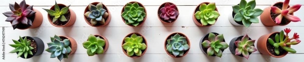 Obraz premium A collection of vibrant succulents in various pots, artfully arranged on a clean white surface, fresh, home garden, garden