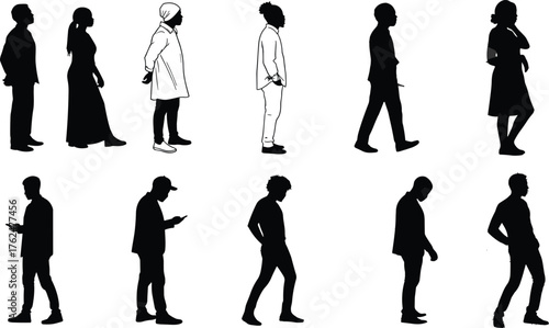 Business people silhouettes in various poses, walking, standing, using phone, casual and formal posture, cad drawing flat vector illustration