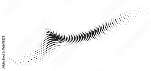 Sleek black dotted wave floating across white minimal field, dynamic halftone mesh bending smoothly great for futuristic posters interfaces and branding visuals