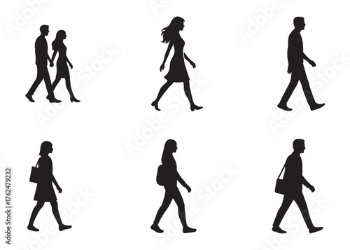 Walking People Silhouette Set , Man and Woman Walking Vector Illustrations , Modern Human Silhouette Clipart for Street Scene, Logo, and Urban Design Projects