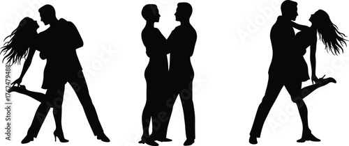 Couple dance silhouettes, romantic poses, ballroom, tango, waltz, performance, elegance, passion, lifestyle, love, cad drawing flat vector illustration