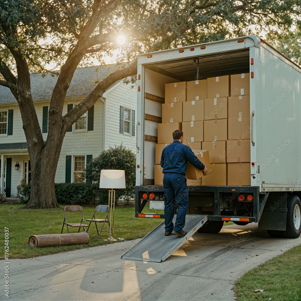 Fototapeta premium Mover Loading Boxes into Truck Outside Suburban House
