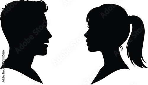 Couple silhouette profiles, man and woman face to face, communication, relationship, gender representation, cad drawing flat vector illustration