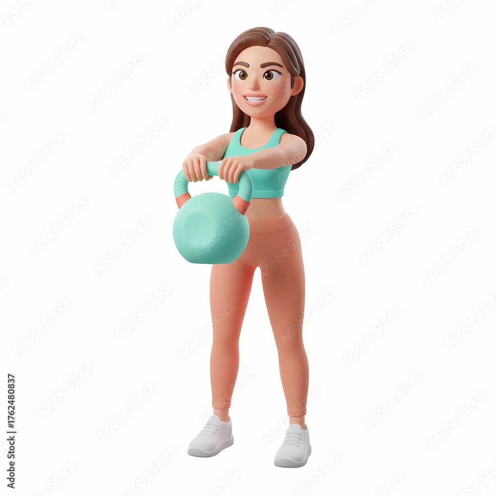 Fototapeta premium 3D Cartoon Woman Doing Kettlebell Swing Exercise - Fitness Strength Training Workout