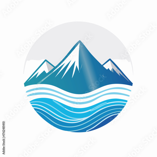 A serene emblem depicting mountainous heights overlooking tranquil waters within a circular frame