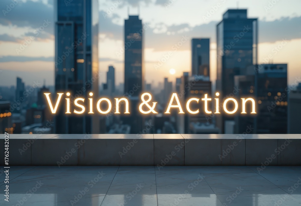 Obraz premium Inspirational View of Cityscape with Vision and Action Motivational Text