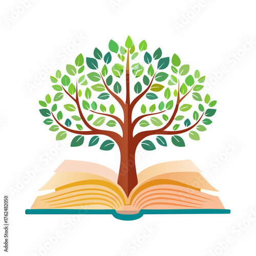 A stylized illustration of a tree sprouting from an open book, symbolizing knowledge