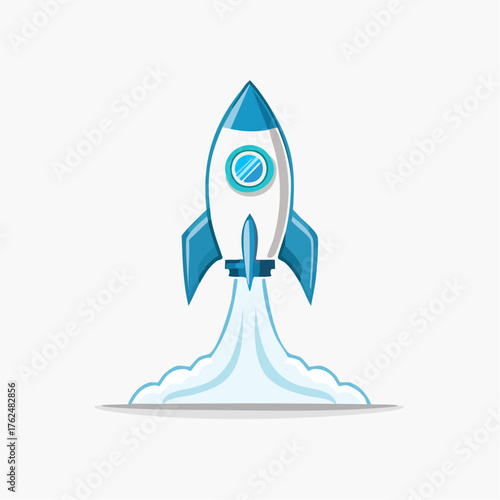 A vibrant cartoon illustration depicting a rocket ship launching into the atmosphere with energy