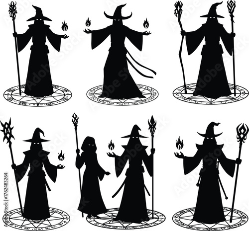 Dark wizard silhouette set, fantasy sorcerer with staff and magical glyph circle, mystical occult character design, cad drawing flat vector illustration