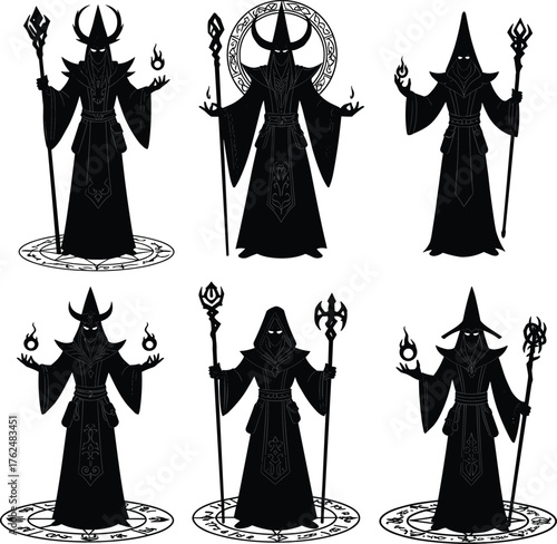 Dark wizard silhouette set, fantasy sorcerer with staff and magic circle, mystical occult character design, cad drawing flat vector illustrationDark wizard silhouette set, fantasy sorcerer 