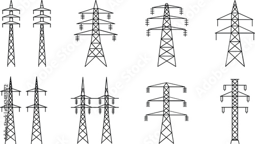 Electric transmission tower silhouette set, high voltage power line pylon collection, energy infrastructure engineering design, cad drawing flat vector illustration