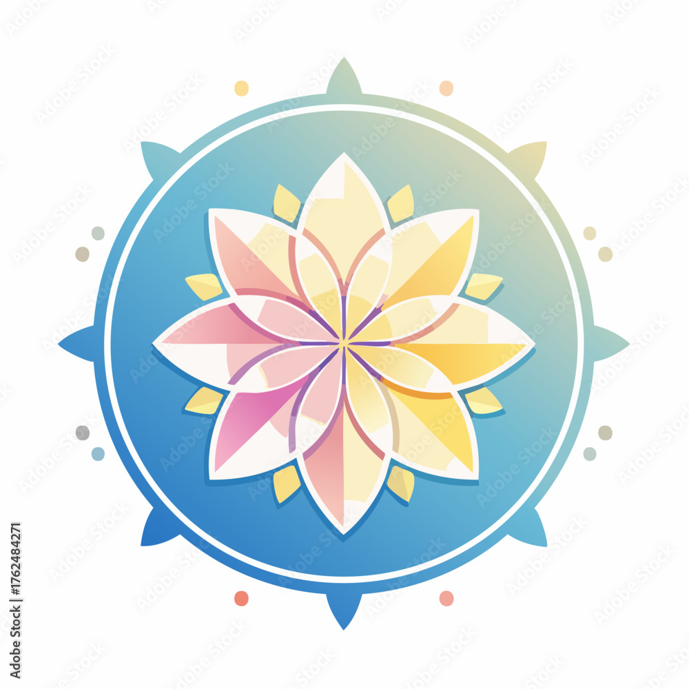 Fototapeta premium Abstract Geometric Floral Compass Design with Gradient Colors and Circular Blue Frame