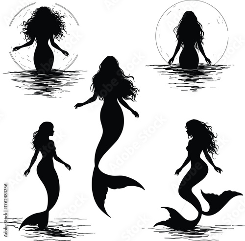 Fantasy mermaid silhouette set, mythical ocean folklore character design, mystical sea creature with moon background and tail, cad drawing flat vector illustration