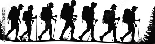 Group of hikers walking with backpacks and sticks, forest trees, outdoor trekking adventure, teamwork exploration, cad drawing flat vector illustration