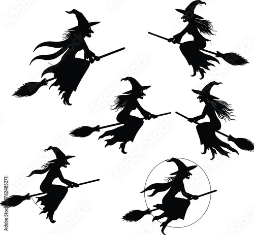 Halloween witch silhouette set, flying broomstick magical character design, spooky folklore fantasy symbol with circle element, cad drawing flat vector illustration