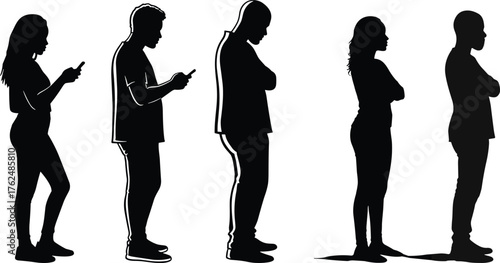 People silhouettes with mobile phones and crossed arms, standing in row, technology use versus body language, cad drawing flat vector illustration