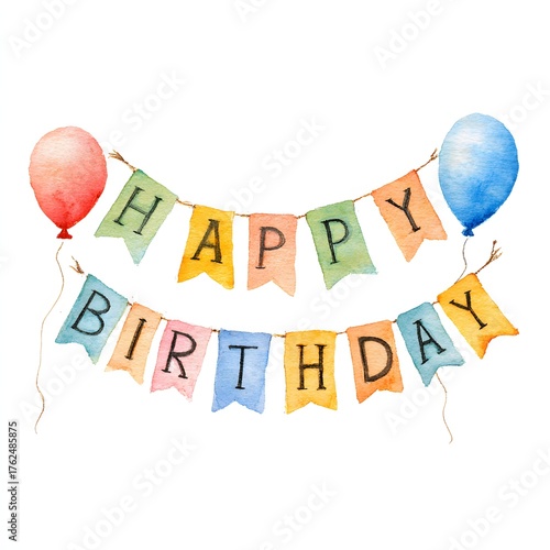 Vibrant watercolor happy birthday banner with balloons for celebrations