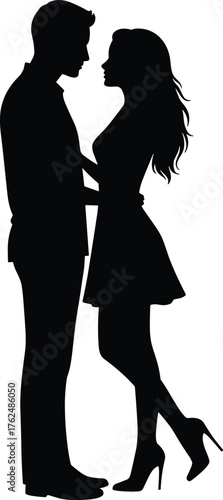 Romantic couple silhouette, man in shirt with woman in short dress and heels, love, lifestyle, cad drawing flat vector illustration