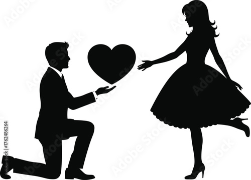 Romantic couple silhouette, man kneeling with heart proposing to woman, love, proposal, Valentine’s Day, cad drawing flat vector illustration