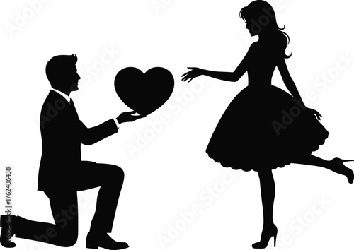 Romantic couple silhouette, man kneeling with heart proposing to woman, love, relationship, affection, Valentine’s Day, cad drawing flat vector illustration