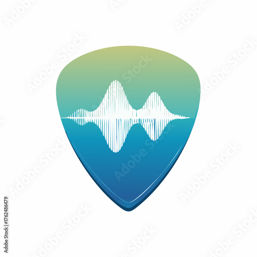 Abstract musical waveform design presented within a stylized gradient guitar pick emblem
