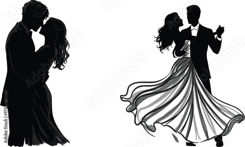 Romantic couple silhouettes, ballroom dance poses, intimate embrace, twirling movement, love, lifestyle, wedding, cad drawing flat vector illustration