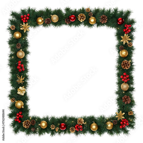 Decorative christmas garland square frame border with ornaments pinecones and bells festive holiday design isolated on transparent background