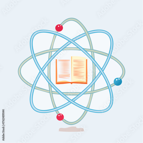 Conceptual illustration depicting scientific learning, knowledge, and atomic structure