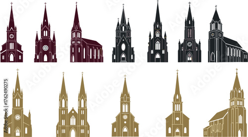  church silhouettes in burgundy, black, and gold offer classic architectural designs perfect for religious projects or historical illustrations
