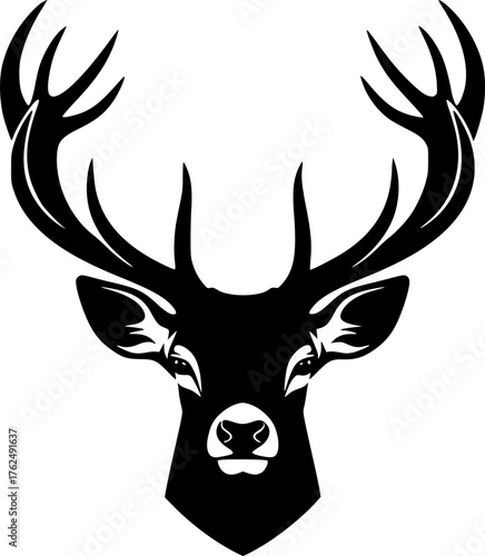Deer antler silhouette. Large curved antlers extend symmetrically from a deer�s head, also known as stag horns, symbolizing strength, wilderness, and majesty. Vector clipart black illustration design.