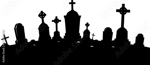 Graveyard silhouette. This image shows a graveyard with various tombstones and crosses in silhouette form, creating a spooky and eerie atmosphere. Vector clipart illustration design