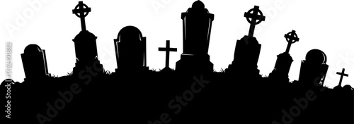 Graveyard silhouette. This image shows a graveyard with various tombstones and crosses in silhouette form, creating a spooky and eerie atmosphere. Vector clipart illustration design