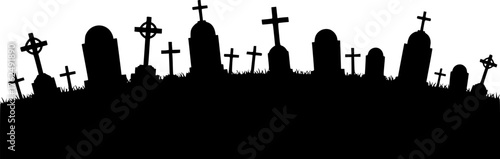 Graveyard silhouette. This image shows a graveyard with various tombstones and crosses in silhouette form, creating a spooky and eerie atmosphere. Vector clipart illustration design