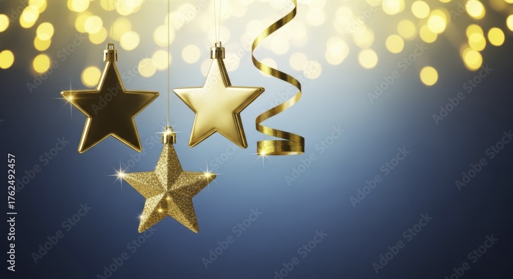 Fototapeta premium Golden star ornaments and glittering ribbon with sparkling bokeh lights on blue background