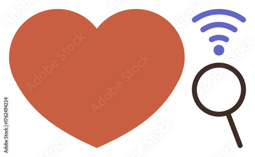 Heart next to a magnifying glass and wireless signal, symbolizing online love, connection, networking, exploration, romance, technology, and relationships. Ideal for dating apps connection tools