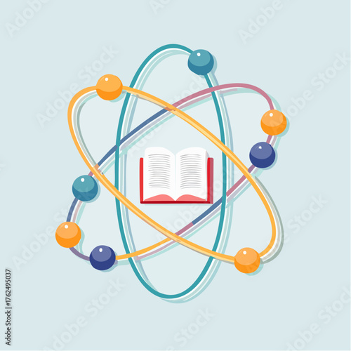 Illustration of an Atom with Orbiting Spheres Encircling an Open Book of Knowledge
