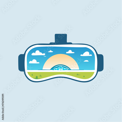 Immersive Virtual Reality Landscape Displayed Within a VR Headset Against a Blue Backdrop