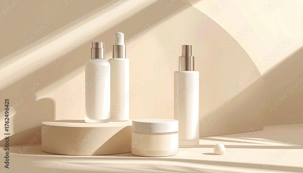 custom made wallpaper toronto digitalMinimalist Aesthetic Product Photography Featuring White Skincare Bottles and Jars on a Textured Stone Pedestal with Soft Natural Light and Shadow Play