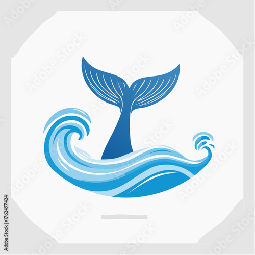 Stylized graphic depiction of a whale's tail emerging from ocean waves in a creative form