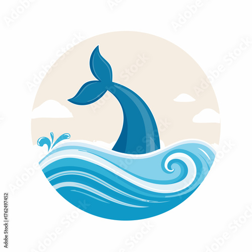 Stylized Ocean Encounter: Whale's Tail Emerges from Blue Waves in Circular Emblem