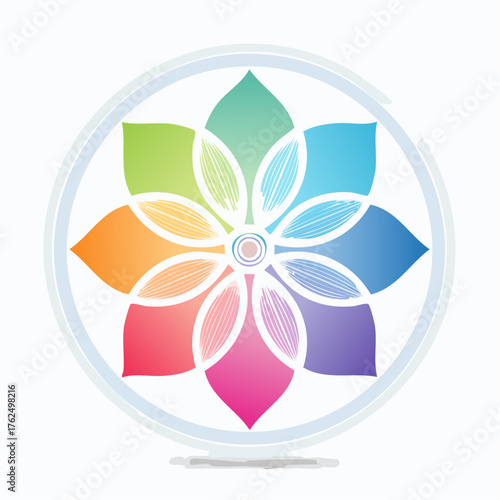 Vibrant Rainbow Floral Emblem with Gradients and White Outlines within a Circular Frame