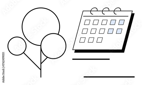 Minimalist calendar and tree in clean lines convey eco-conscious planning and effective time organization. Ideal for sustainability, productivity, time management, nature, growth, ecology, simple