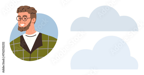 Smiling man wearing glasses and a green plaid jacket in front of a blue circle beside two flat, minimalist clouds. Ideal for communication, technology, networking, profile, creativity, simplicity