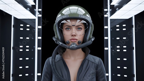 Futuristic pilot with helmet gazes forward in sci-fi corridor