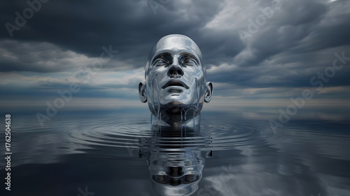 Surreal chrome head emerges from water under stormy skies