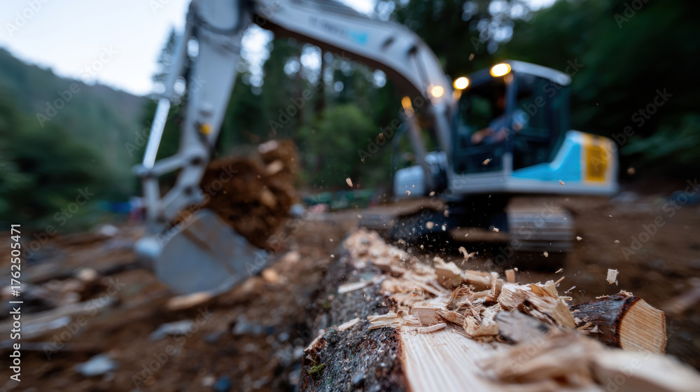 Naklejka premium A dynamic scene of an excavator at work on log processing, with chips flying from the wood, emphasizing the action and intensity of wood removal in a logging environment.