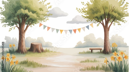 Spring park scene with trees daffodils and bunting