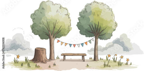 Two trees with bunting and a wooden bench in a park